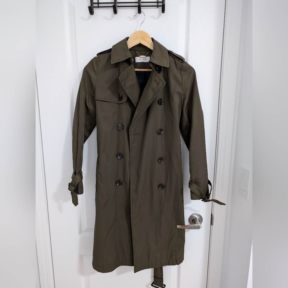 Simplicite Double-Breasted Olive Green Trench Coat - Size Small